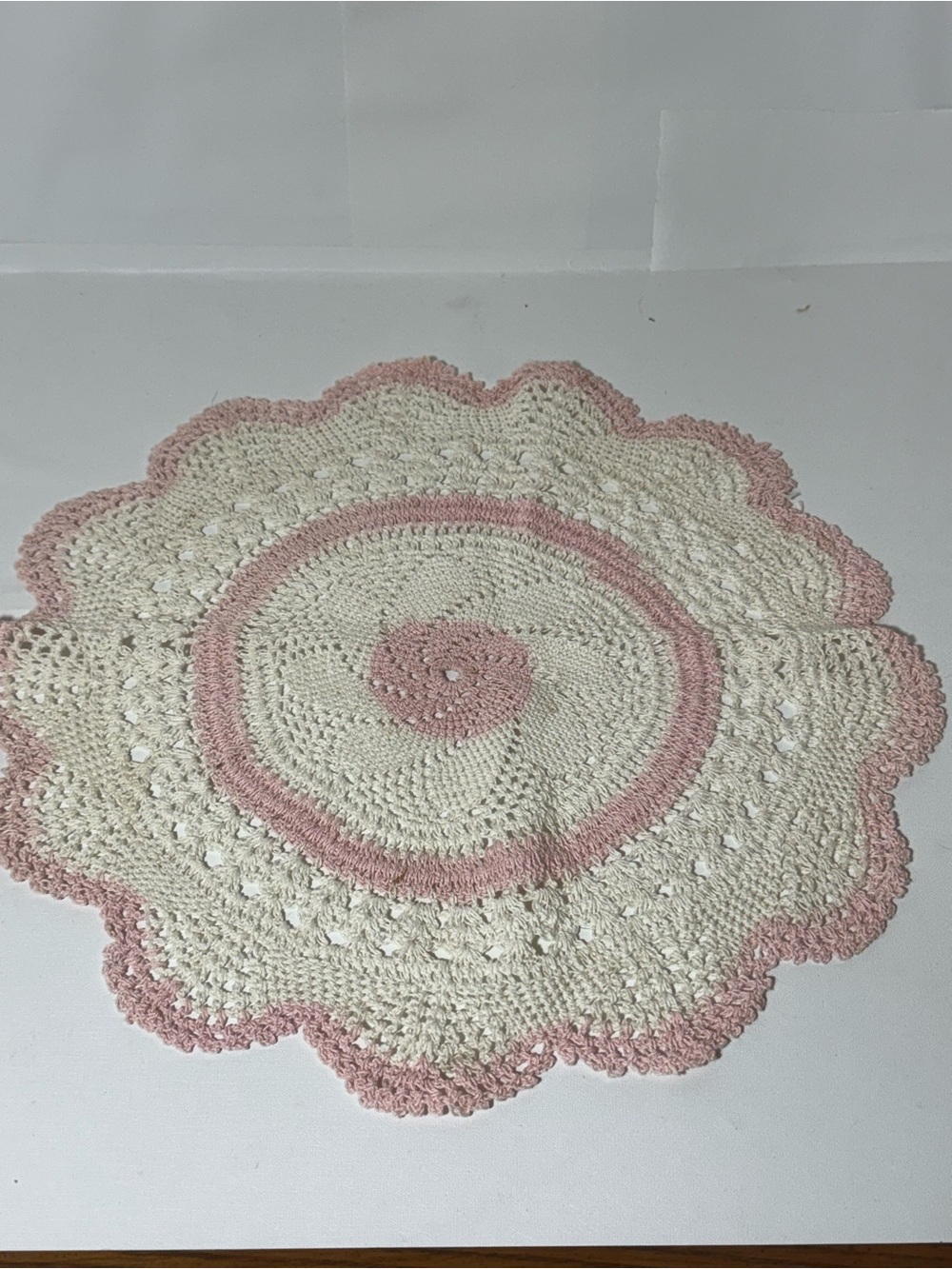 Handmade Cream and Pink Crochet Round Accent Doily
